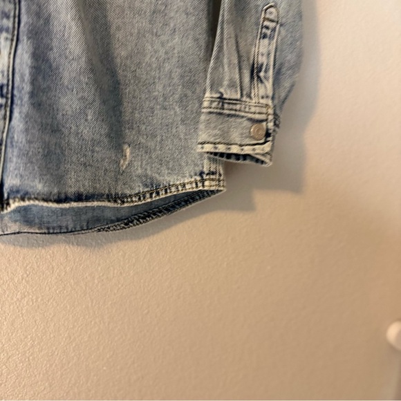 Zara Blue Denim Jacket Shirt Button Up with Removable Gray Hood Boy Kids Size 7 - Picture 5 of 11